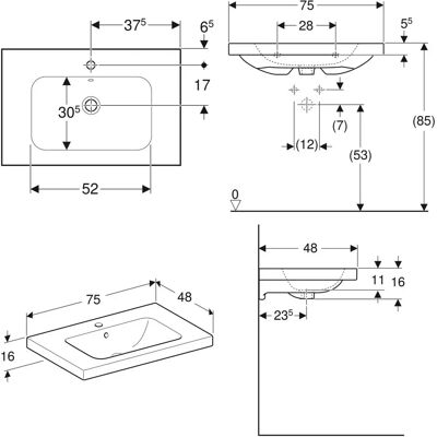 Geberit Weiß Wandwaschtisch 75x48cm - Modernes Design Geberit Weiß Wandwaschtisch 75x48cm - Modernes Design