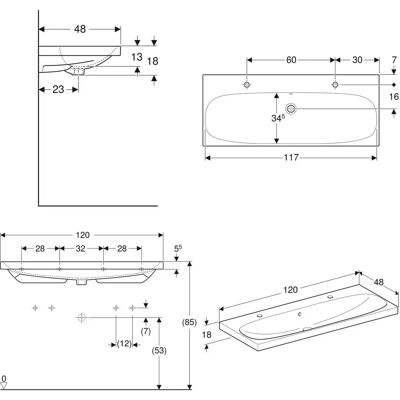 Geberit Acanto Wandwaschtisch - 120x48cm, 2 Hahnlöcher, Überlauf Geberit Acanto Wandwaschtisch - 120x48cm, 2 Hahnlöcher, Überlauf