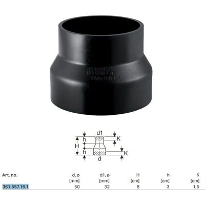Geberit Rohrreduktion - 50x32 mm - Zentrisch PE-HD - Schweißbar Geberit Rohrreduktion - 50x32 mm - Zentrisch PE-HD - Schweißbar