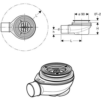 Geberit D90 Duschtasseablauf - 50mm Wasserhöhe, PP Geberit D90 Duschtasseablauf - 50mm Wasserhöhe, PP