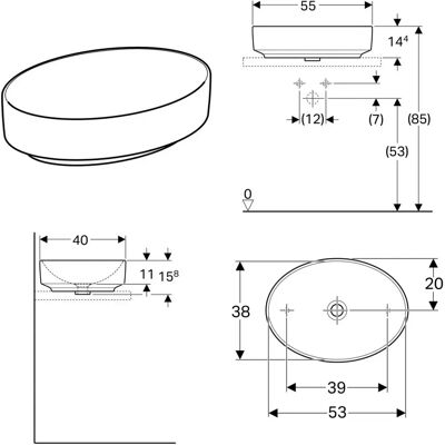Geberit - Lavabo oval para encimera 550x400mm - Sin orificio para grifo Geberit - Lavabo oval para encimera 550x400mm - Sin orificio para grifo