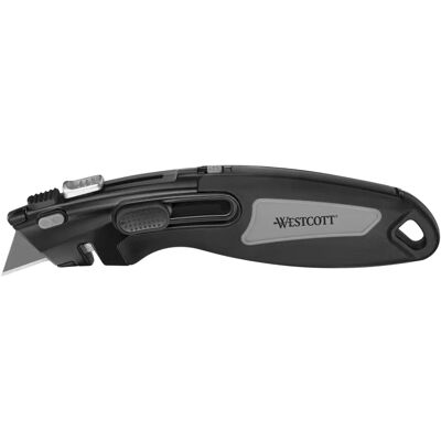 Cutter de sécurité Westcott 18mm - Corps en métal, Lame rétractable automatique, 3 lames de rechange - Publicité Cutter de sécurité Westcott 18mm - Corps en métal, Lame rétractable automatique, 3 lames de rechange - Publicité