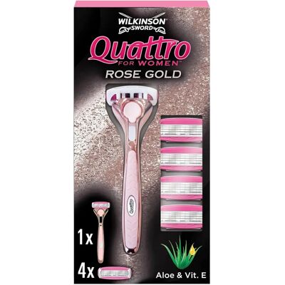 Ξυριστική μηχανή Wilkinson Sword Quattro W Rose Gold για γυναίκες - Ακριβής, με λωρίδα ενυδάτωσης, ανταλλάξιμες κεφαλές Ξυριστική μηχανή Wilkinson Sword Quattro W Rose Gold για γυναίκες - Ακριβής, με λωρίδα ενυδάτωσης, ανταλλάξιμες κεφαλές