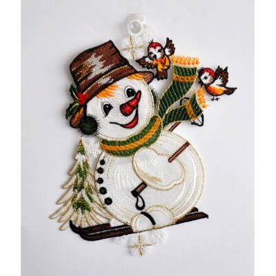 Stickereien Plauen Schneemann mit Schal Fensterbild - Fensterdeko Stickereien Plauen Schneemann mit Schal Fensterbild - Fensterdeko