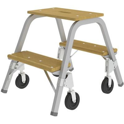 Escalerilla de acero y madera, 2 peldaños, 4 ruedas con freno, plataforma Escalerilla de acero y madera, 2 peldaños, 4 ruedas con freno, plataforma