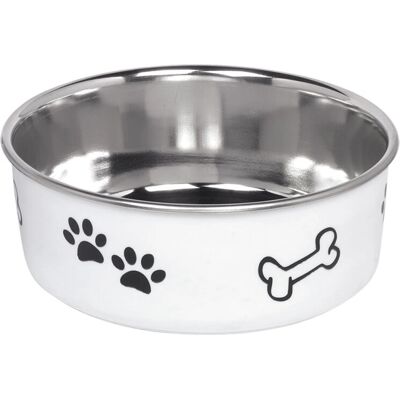 Nobby 73829 Hund- och kattskål i rostfritt stål vit med ben- och tassmotiv Nobby 73829 Hund- och kattskål i rostfritt stål vit med ben- och tassmotiv