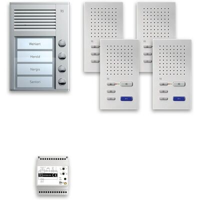 TechniSat Klingel + Türsprechanlage - Solution en paquet pour 4 unités - Communication mains libres - Extensible jusqu'à 8 stations intérieures - Installation en système bus - Station intérieure en surface - Station extérieure en aluminium - Couleur: blanc (intérieur), argent (extérieur) - Pas de connexion smartphone - Communication interphone - Pas de panneau d'information TechniSat Klingel + Türsprechanlage - Solution en paquet pour 4 unités - Communication mains libres - Extensible jusqu'à 8 stations intérieures - Installation en système bus - Station intérieure en surface - Station extérieure en aluminium - Couleur: blanc (intérieur), argent (extérieur) - Pas de connexion smartphone - Communication interphone - Pas de panneau d'information