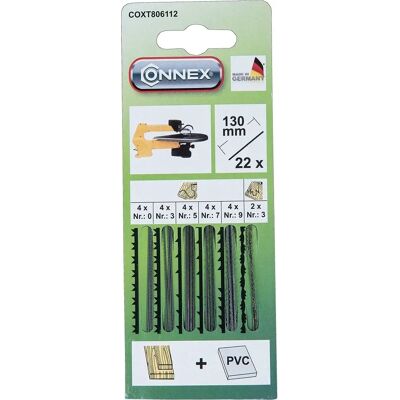 Connex COXT806112 - Juego de 22 hojas para sierra de calar eléctrica - 130 mm Connex COXT806112 - Juego de 22 hojas para sierra de calar eléctrica - 130 mm