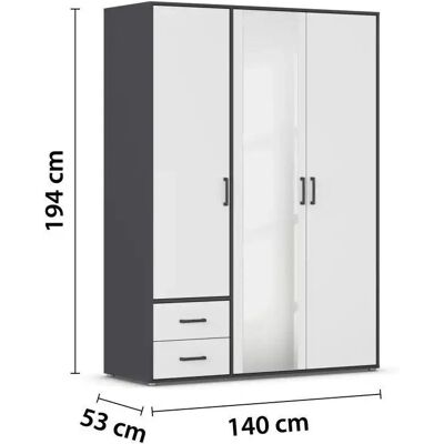 RAUCH Voyager Kleiderschrank - 3-türig, 140x194x53cm, Grau, Moderne Griffe RAUCH Voyager Kleiderschrank - 3-türig, 140x194x53cm, Grau, Moderne Griffe