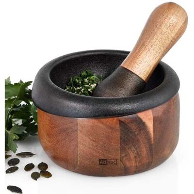 AdHoc Gusseisen und Akazienholz Mörser & Stößel - Schweres stabiles Küchenutensil AdHoc Gusseisen und Akazienholz Mörser & Stößel - Schweres stabiles Küchenutensil