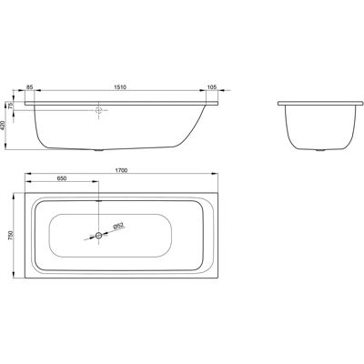 Bette Select Badewanne - 170x75cm, Weiß, Mittig Ablauf, Vorne Überlauf Bette Select Badewanne - 170x75cm, Weiß, Mittig Ablauf, Vorne Überlauf