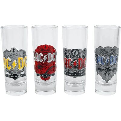 Zestaw 4 kieliszków do shotów Black Ice od AC/DC - Przezroczyste, Drukowane, Opakowanie prezentowe Zestaw 4 kieliszków do shotów Black Ice od AC/DC - Przezroczyste, Drukowane, Opakowanie prezentowe