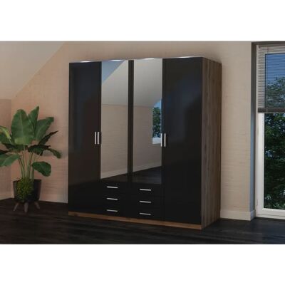 Priess Amsterdam Kleiderschrank - Schwarz, 4-türig, mit LED Priess Amsterdam Kleiderschrank - Schwarz, 4-türig, mit LED