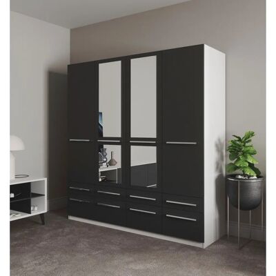 Priess Barcelona Kleiderschrank - Verstellbar, mit Spiegel, 4-türig, Schwarz/Weiß Priess Barcelona Kleiderschrank - Verstellbar, mit Spiegel, 4-türig, Schwarz/Weiß