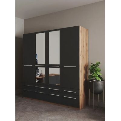PRIESS Barcelona Kleiderschrank - 4-türig, mit Spiegel, Schwarz PRIESS Barcelona Kleiderschrank - 4-türig, mit Spiegel, Schwarz