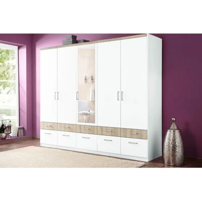 Priess Kleiderschrank - 5 Türen, 5 Schubladen - Weiß/Struktureiche - Kleiderschrank Priess Kleiderschrank - 5 Türen, 5 Schubladen - Weiß/Struktureiche - Kleiderschrank