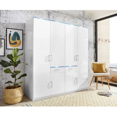 Priess Kleiderschrank - 185x193x55cm, Weiß Hochglanz, LED-Beleuchtung - Schrank Priess Kleiderschrank - 185x193x55cm, Weiß Hochglanz, LED-Beleuchtung - Schrank