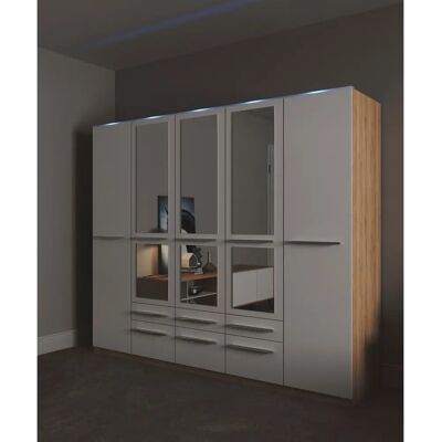 PRIESS Barcelona Kleiderschrank - Drehtürenschrank mit Spiegel, Beleuchtung, 5 Türen, weiß/eichefarben PRIESS Barcelona Kleiderschrank - Drehtürenschrank mit Spiegel, Beleuchtung, 5 Türen, weiß/eichefarben