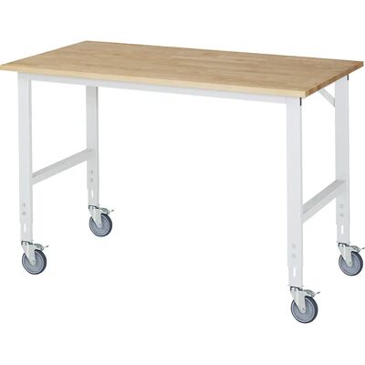 Mesa de trabajo móvil RAU - Marco de acero ajustable, encimera de haya Mesa de trabajo móvil RAU - Marco de acero ajustable, encimera de haya