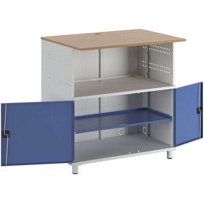 Tavolo PC grigio chiaro e blu genciana con mensola Tavolo PC grigio chiaro e blu genciana con mensola