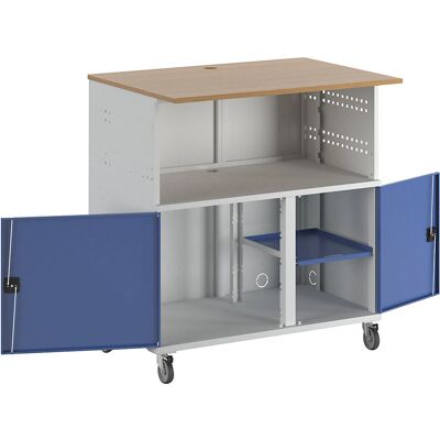 Scrivania PC RAU con parete divisoria centrale, ruote, grigio chiaro / blu genciana Scrivania PC RAU con parete divisoria centrale, ruote, grigio chiaro / blu genciana