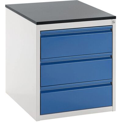 RAU Stahl-Schrank mit Teleskopschubladen - 640mm Hoch, 3 x 180mm, Hellgrau / Enzianblau RAU Stahl-Schrank mit Teleskopschubladen - 640mm Hoch, 3 x 180mm, Hellgrau / Enzianblau
