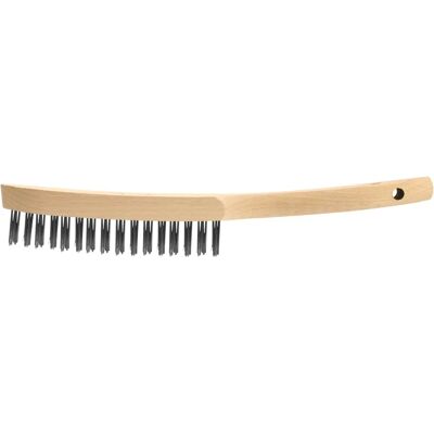 Brosse à fil d'acier Matador - Forme courbée, manche en bois - 290x40mm - Type de produit : Brosse métallique - Publicité Brosse à fil d'acier Matador - Forme courbée, manche en bois - 290x40mm - Type de produit : Brosse métallique - Publicité