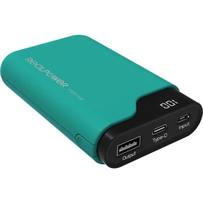 Powerbank RealPower PB-7500C - 7500mAh, Dual USB & USB-C - Zwart, Groen - Powerbank Powerbank RealPower PB-7500C - 7500mAh, Dual USB & USB-C - Zwart, Groen - Powerbank
