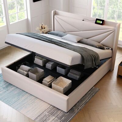 REDOM - Letto matrimoniale imbottito con vano contenitore - Beige - 160x200 - Bed REDOM - Letto matrimoniale imbottito con vano contenitore - Beige - 160x200 - Bed