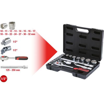 KS Tools 911.0620 socket set - 20-piece chrome vanadium steel, ratchet, extensions, in plastic case KS Tools 911.0620 socket set - 20-piece chrome vanadium steel, ratchet, extensions, in plastic case