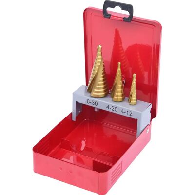 Conjunto de brocas KS Tools 330.2423 - 3 peças - Sentido horário, revestimento TiN, 4-30 mm Conjunto de brocas KS Tools 330.2423 - 3 peças - Sentido horário, revestimento TiN, 4-30 mm