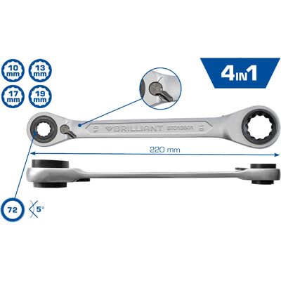 Brilliant Tools BT013901 Ratchet Wrench - 4-in-1, 10x13/17/19mm, Chrome Brilliant Tools BT013901 Ratchet Wrench - 4-in-1, 10x13/17/19mm, Chrome