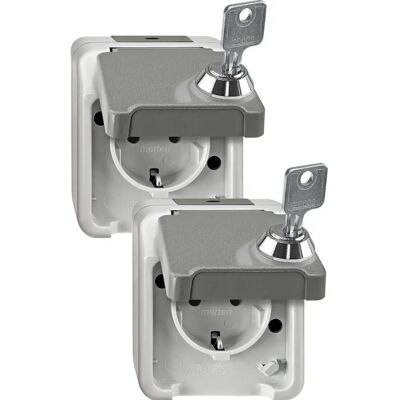 Prise Schuko grise en surface Merten - IP44 avec verrouillage tactile - Publicité Prise Schuko grise en surface Merten - IP44 avec verrouillage tactile - Publicité