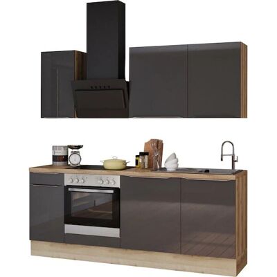 OPTIFIT Aken Küchenzeile - 210cm, Grau Hochglanz/Wildeiche Nachbildung - Küche OPTIFIT Aken Küchenzeile - 210cm, Grau Hochglanz/Wildeiche Nachbildung - Küche