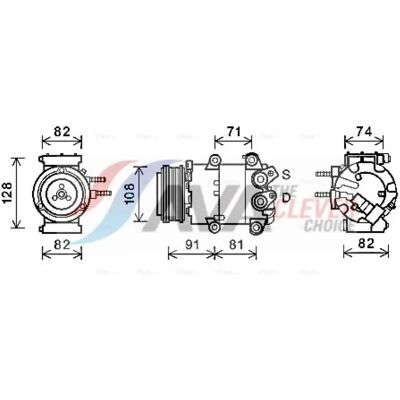 Compresso de ar condicionado Ava Quality - R134a - VS16 - Ø 108mm - PAG 46 Compresso de ar condicionado Ava Quality - R134a - VS16 - Ø 108mm - PAG 46