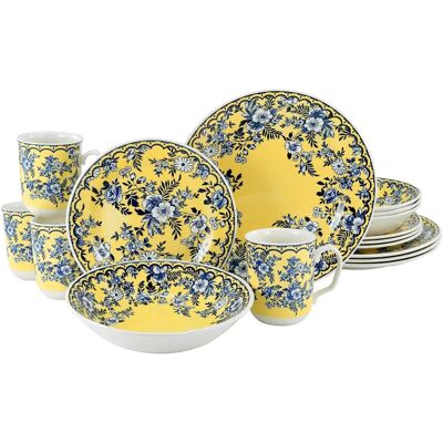 Juego de vajilla Ming Flower de CREATABLE - Flores chinas azules y amarillas - 16 piezas Juego de vajilla Ming Flower de CREATABLE - Flores chinas azules y amarillas - 16 piezas