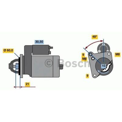 Bosch Startmotor - Modell 986021970 - 12V 0.9kW, 2 hål, 60mm fläns Bosch Startmotor - Modell 986021970 - 12V 0.9kW, 2 hål, 60mm fläns