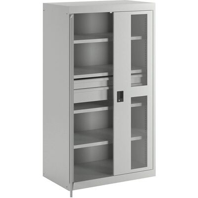 LISTA Schwerlast-Stahlschrank - 3 Regale, 2 Schubladen, Glastüren LISTA Schwerlast-Stahlschrank - 3 Regale, 2 Schubladen, Glastüren