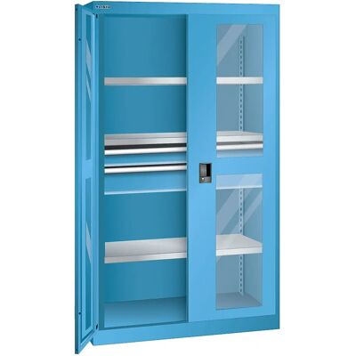 LISTA Armario de carga pesada - 3 estantes, 2 cajones, puertas de cristal LISTA Armario de carga pesada - 3 estantes, 2 cajones, puertas de cristal