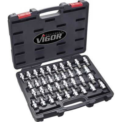 Vigor V2496 Ensemble de clés à douille - profils hexagone, carré, Torx, Ribe-CV Vigor V2496 Ensemble de clés à douille - profils hexagone, carré, Torx, Ribe-CV