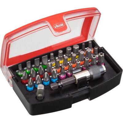 Vigor V5019 Schrauberbits-Set - Sechskant, Schlitz, Phillips, Pozidriv, T-Profil, TORX - 32 Stück Vigor V5019 Schrauberbits-Set - Sechskant, Schlitz, Phillips, Pozidriv, T-Profil, TORX - 32 Stück