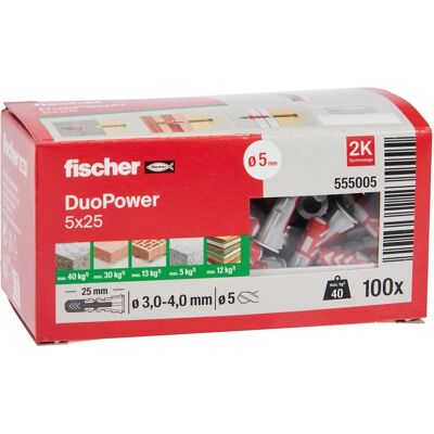 Fischer DuoPower 555005 Bucha - Multi-materiais, 5x25mm, 100 unidades Fischer DuoPower 555005 Bucha - Multi-materiais, 5x25mm, 100 unidades