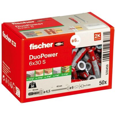 Fischer DUOPOWER Plug & Schroef Set - 6x30mm - 50 stuks Fischer DUOPOWER Plug & Schroef Set - 6x30mm - 50 stuks