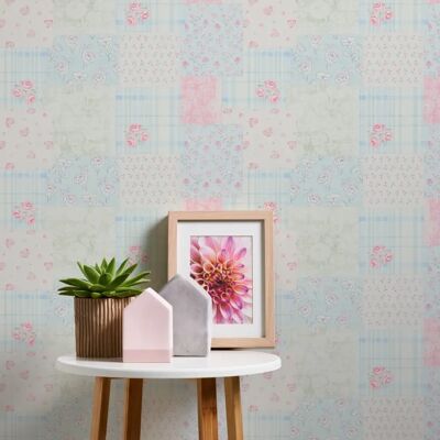 Carta da parati Patchwork - Floreale, Blu, Rosa, Bianco, Verde, 53cm x 10,05m Carta da parati Patchwork - Floreale, Blu, Rosa, Bianco, Verde, 53cm x 10,05m