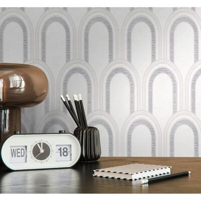 Papel pintado de vinilo Arcade de A.S. Creation - Art Deco 10,05 x 0,53 m - Gris y Blanco Papel pintado de vinilo Arcade de A.S. Creation - Art Deco 10,05 x 0,53 m - Gris y Blanco