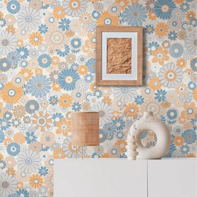 AS Creations Retro Blumen Blau Orange Tapete - Tapete AS Creations Retro Blumen Blau Orange Tapete - Tapete