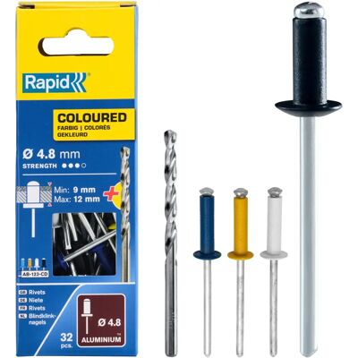 Rapid 5000404 Automotive Rivets - 4.8x16mm - 4 Colours - Blister of 32 Rapid 5000404 Automotive Rivets - 4.8x16mm - 4 Colours - Blister of 32