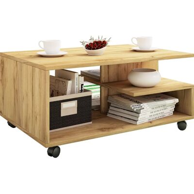 Table basse en bois beige avec roulettes - Salon - Publicité Table basse en bois beige avec roulettes - Salon - Publicité