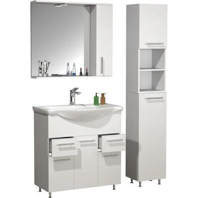 VCM 4-tlg. Badezimmermöbelset - Weiß, Gewölbtes Waschbecken, Spiegelschrank & Hochschrank VCM 4-tlg. Badezimmermöbelset - Weiß, Gewölbtes Waschbecken, Spiegelschrank & Hochschrank
