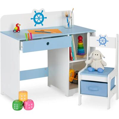 Relaxdays Kinderbureau met Stoel, Maritiem Ontwerp, Blauw & Wit Relaxdays Kinderbureau met Stoel, Maritiem Ontwerp, Blauw & Wit